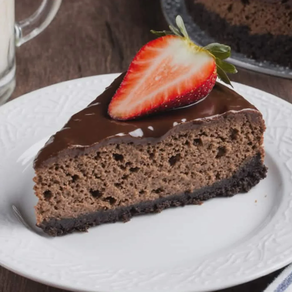chocolate cheesecake recipe showing crust preparation, chocolate filling, adding eggs, and baked cheesecake.