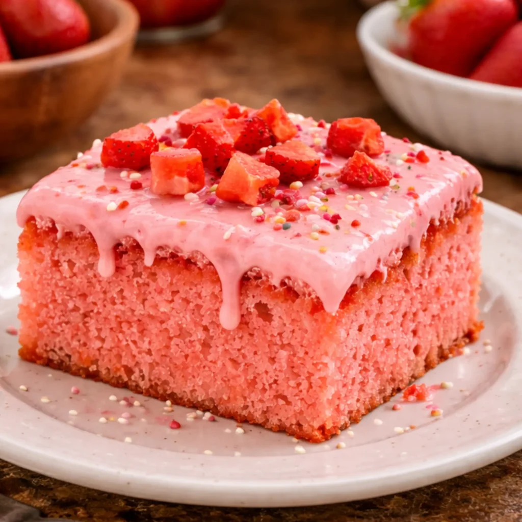 Old-fashioned strawberry sheet cake, perfectly frosted and topped with fresh strawberries and sugar pearls.