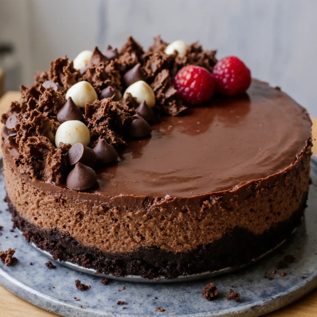 No-bake chocolate cheesecake with creamy mousse filling and cookie crust, topped with chocolate shavings