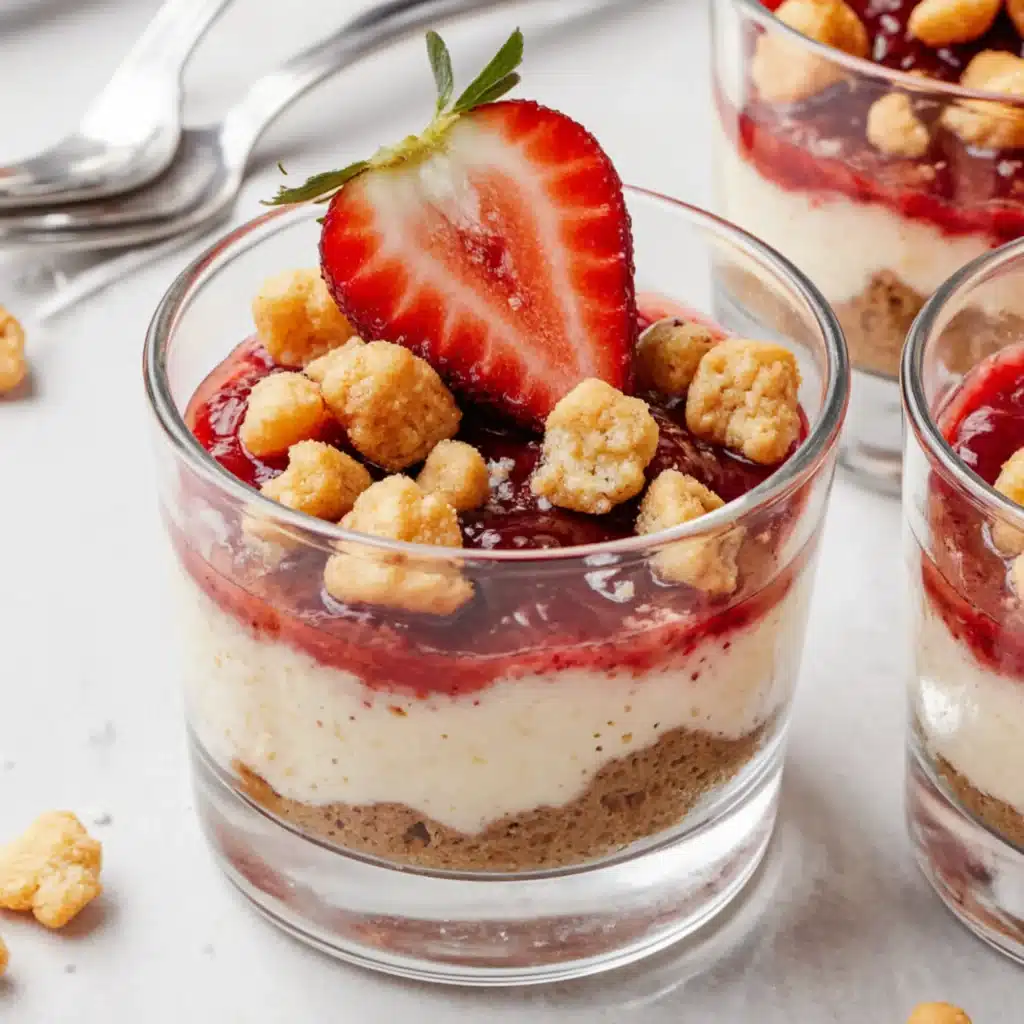 close up of strawberry crunch cheesecake bites with creamy layers