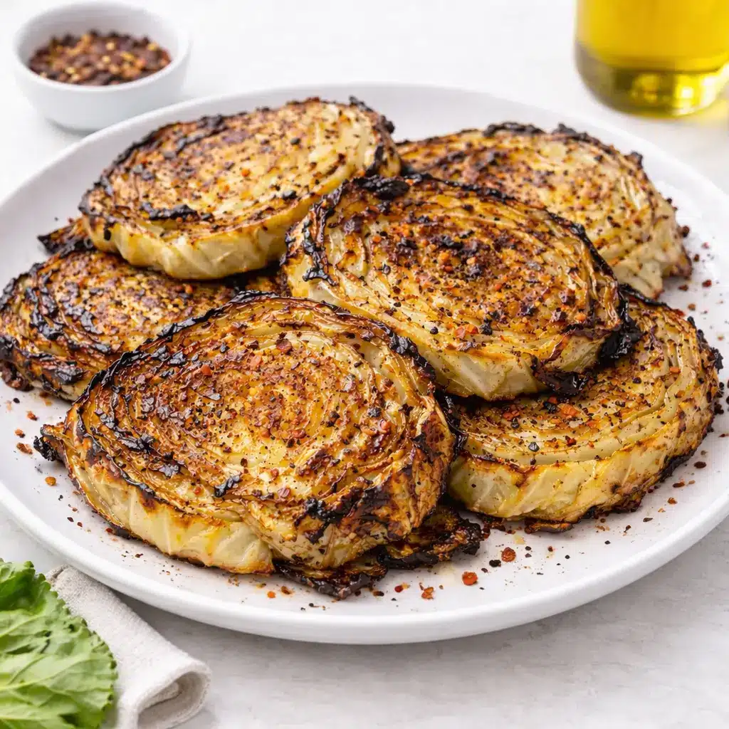 Blistered Cabbage Steaks recipe showing crispy texture and caramelized layers