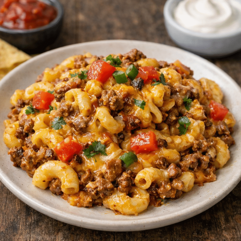 Cheesy Taco Mac Casserole close-up showing creamy texture and cheesy layers