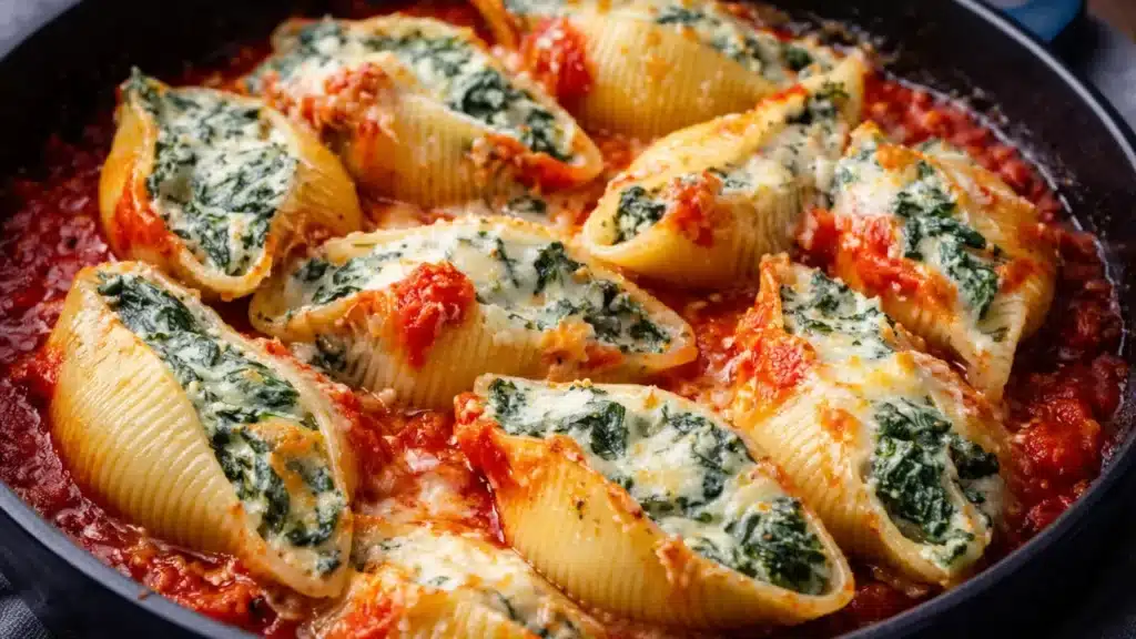 Chicken & Spinach Stuffed Shells baked with marinara and melted cheese