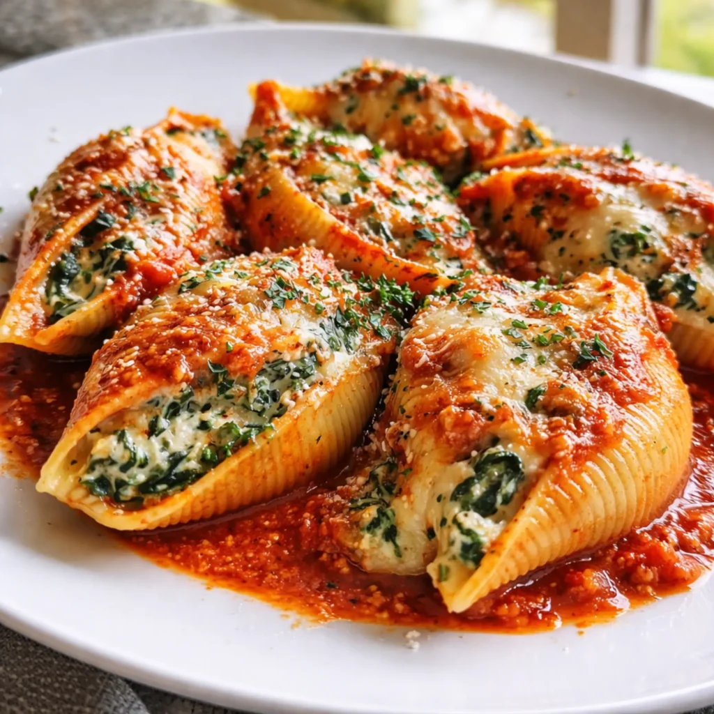 Close-up of creamy Chicken & Spinach Stuffed Shells filling