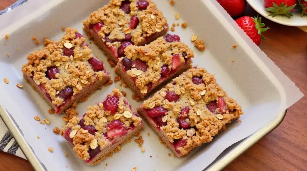 Fresh Almond Butter & Strawberry Oatmeal Bars stacked on rustic wooden board