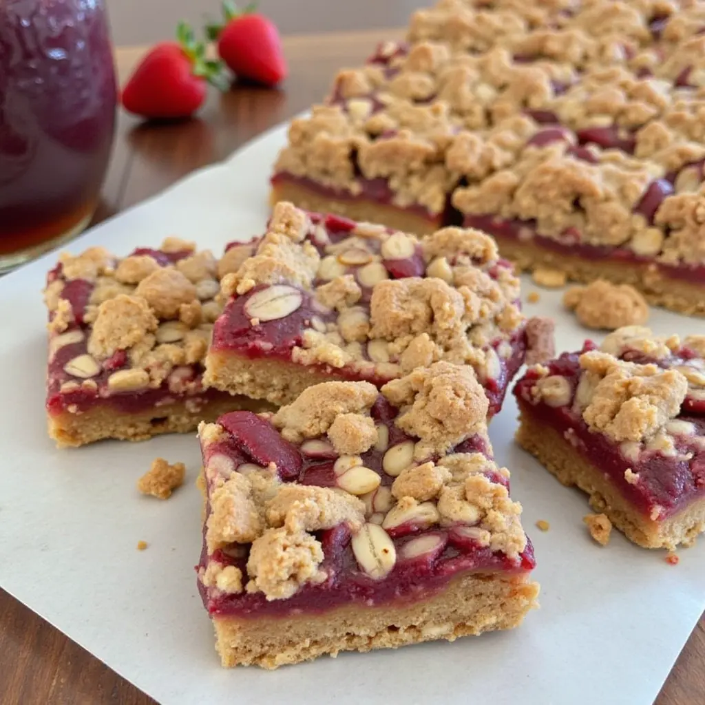 Mixing bowl with oats, almond butter, and strawberry mixture for Almond Butter & Strawberry Oatmeal Bars recipe