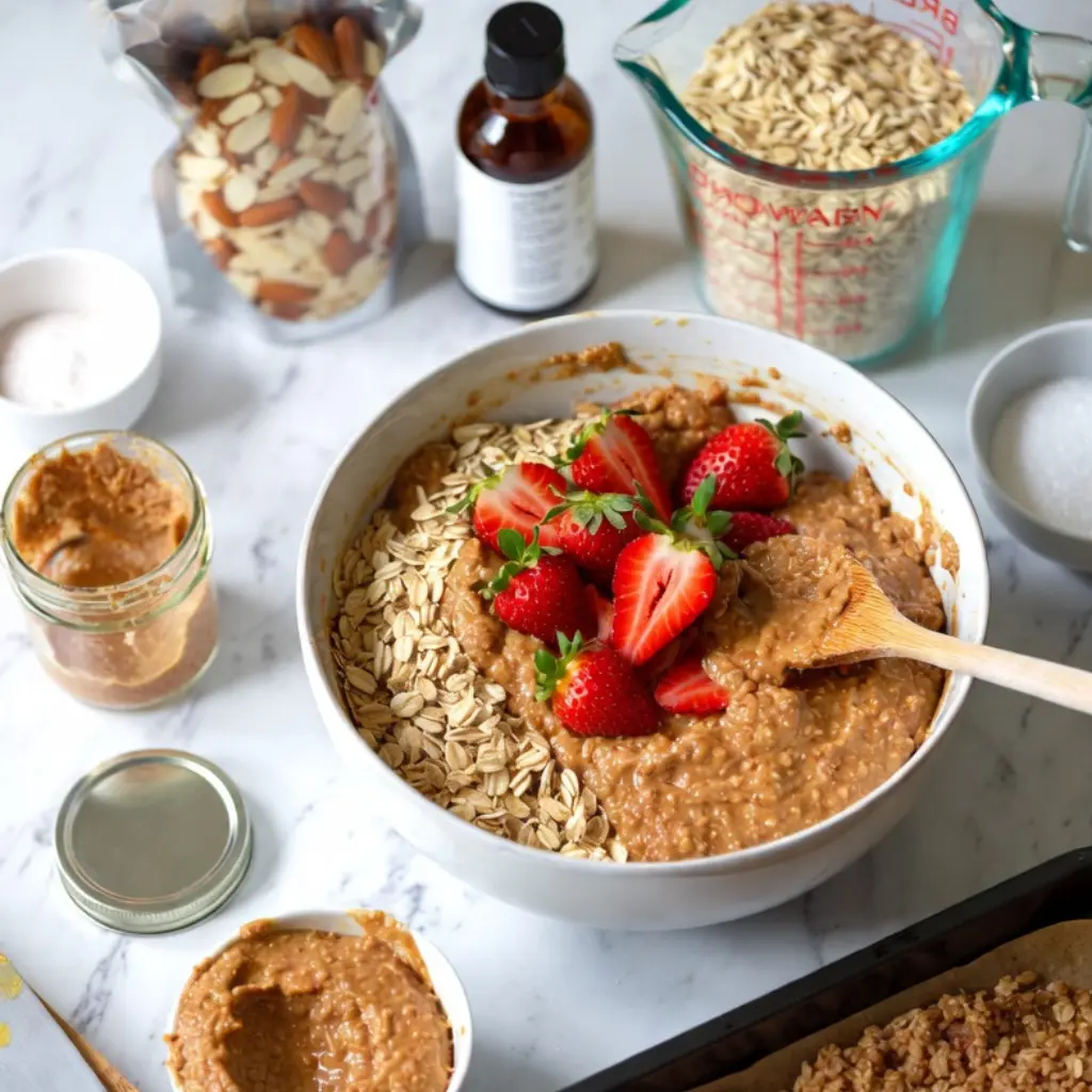 Mixing bowl with oats, almond butter, and strawberry mixture for Almond Butter & Strawberry Oatmeal Bars
