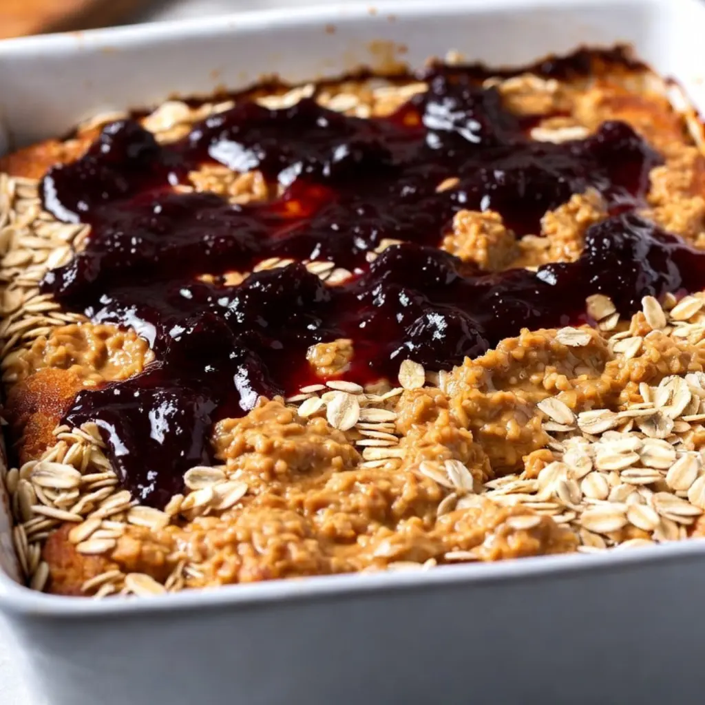 Peanut Butter and Jam Baked Oatmeal (Easy 10-Minute Prep) 9 Jam swirls in Peanut Butter and Jam Baked Oatmeal before baking