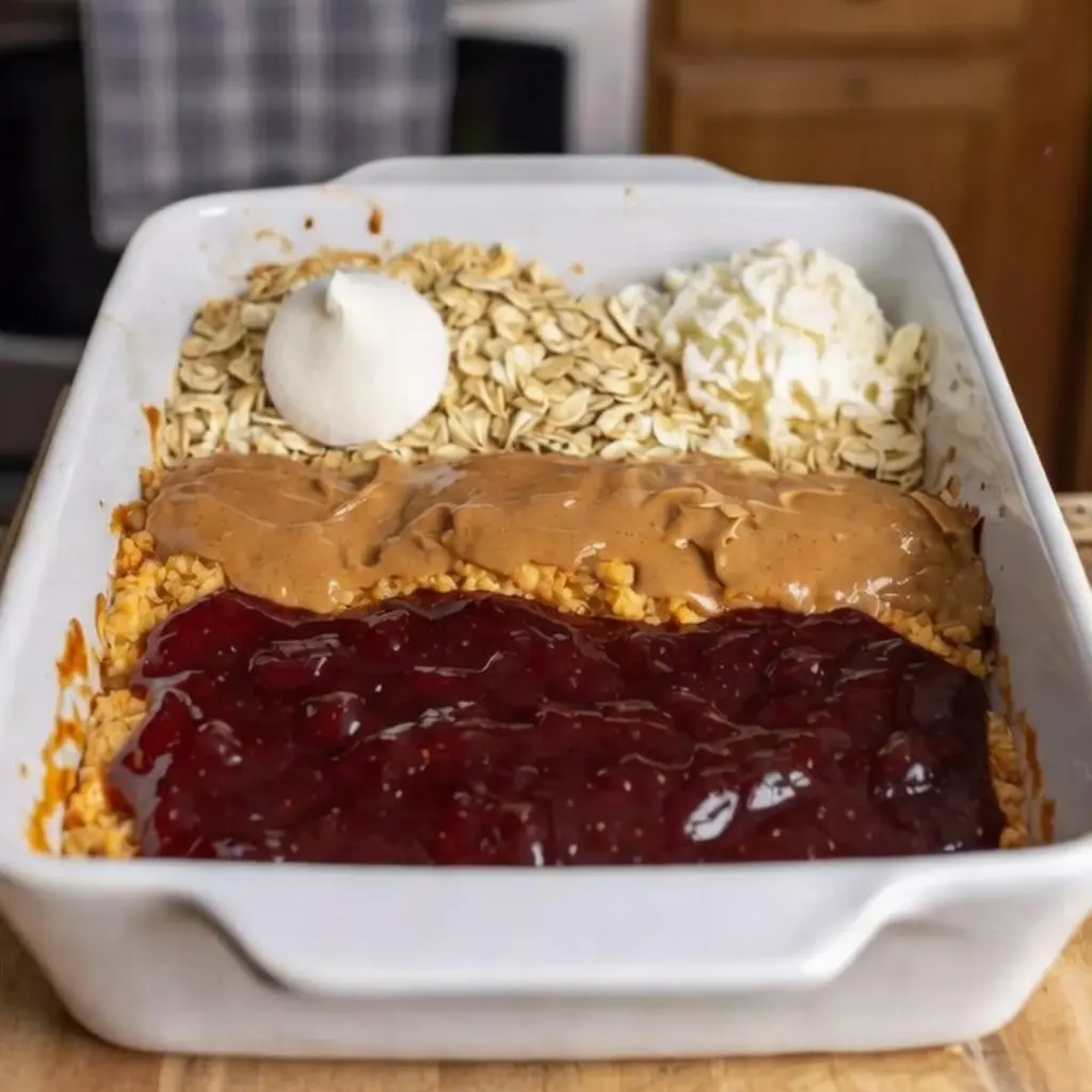 Peanut Butter and Jam Baked Oatmeal (Easy 10-Minute Prep) 8 Mixing batter for Peanut Butter and Jam Baked Oatmeal