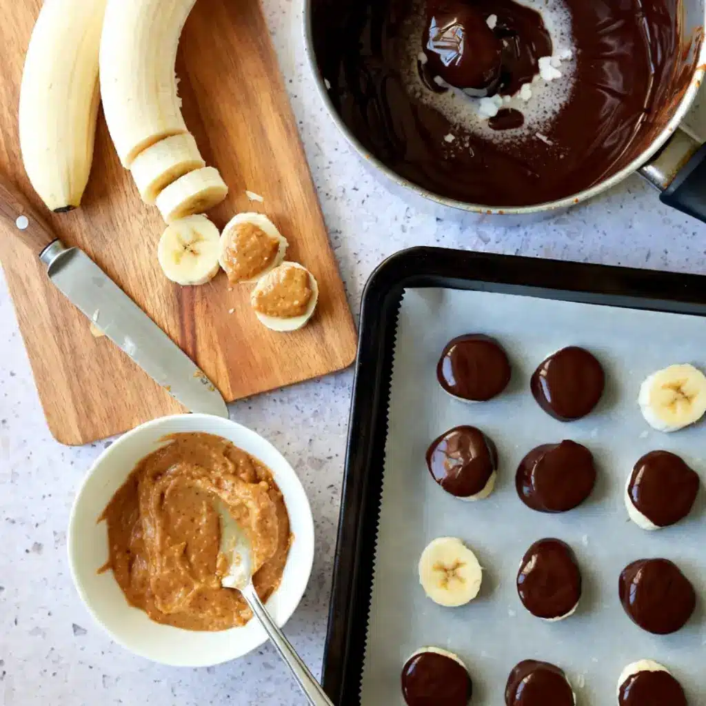 Spreading peanut butter on banana slices for 4-Ingredient Chocolate Banana Bites