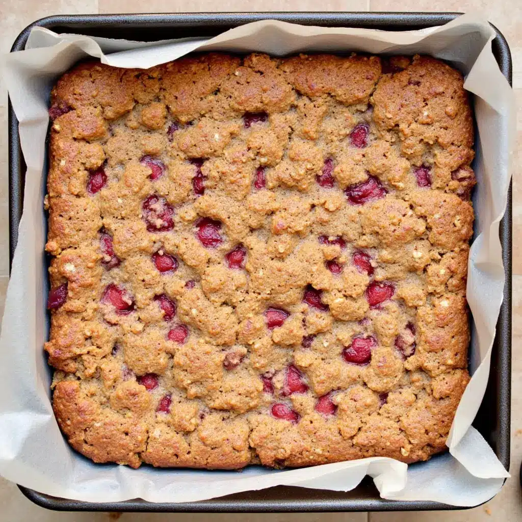 Stacked homemade oatmeal bars served on plate with fresh strawberries