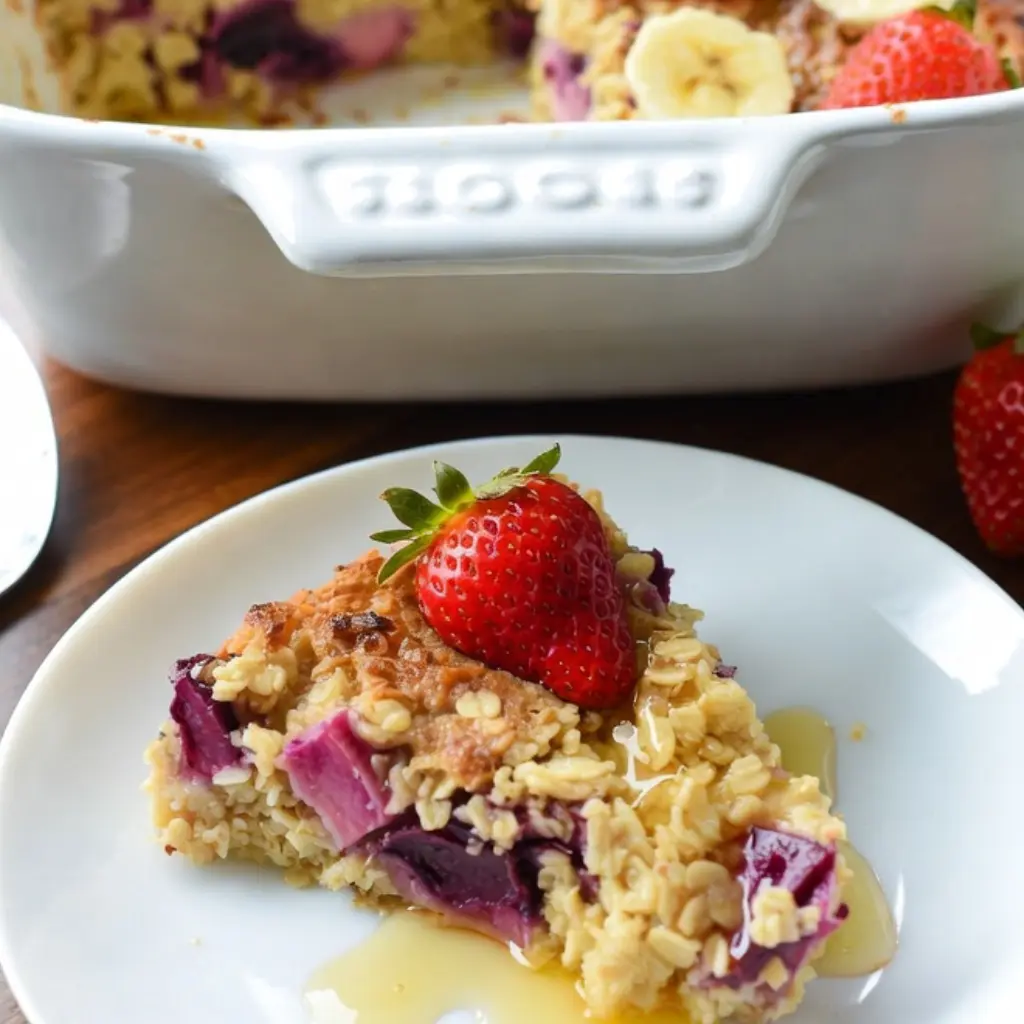 Strawberry Banana Baked Oats slice showing moist texture and fresh strawberry layers