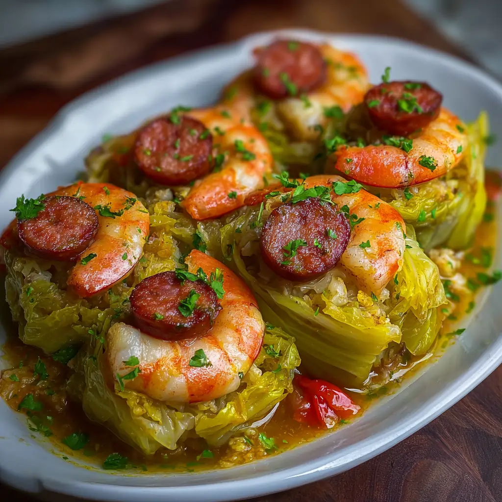 Baked Keto Cajun Shrimp Sausage Stuffed Cabbage ready to serve