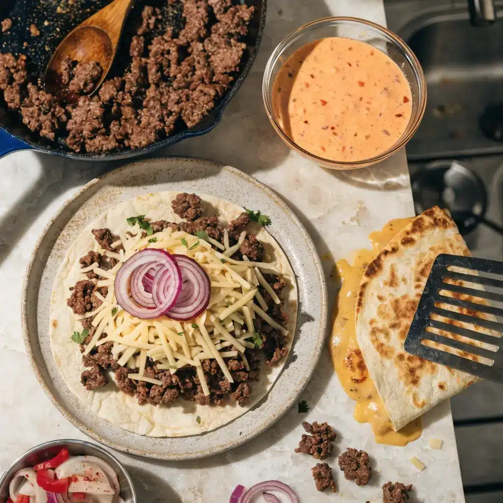 Mouthwatering Cheeseburger Quesadillas with Burger Sauce 8 Browning seasoned beef in a pan, adding shredded cheese to a tortilla, and flipping until golden and crisp