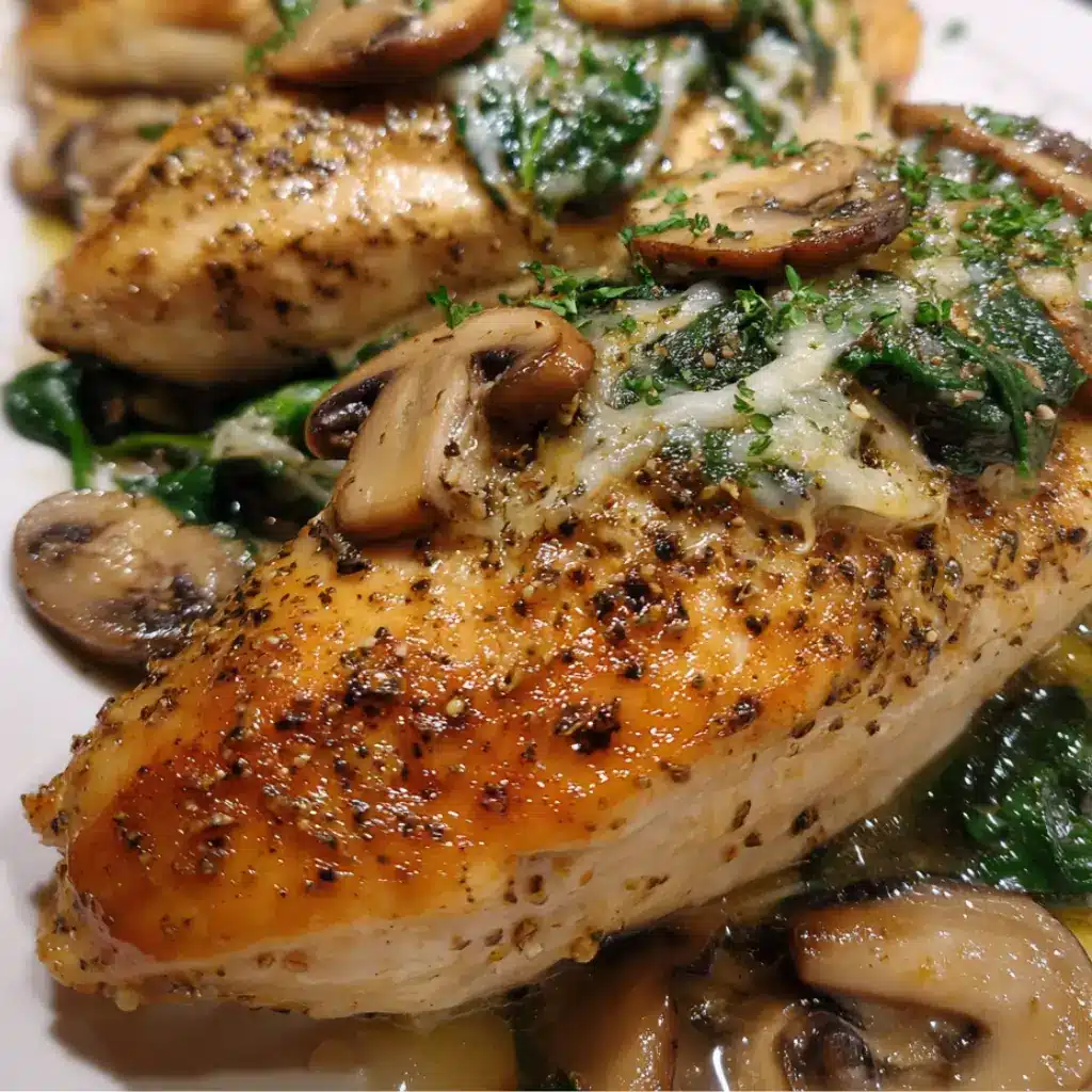 Creamy Chicken Spinach Mushroom Bake fresh from oven