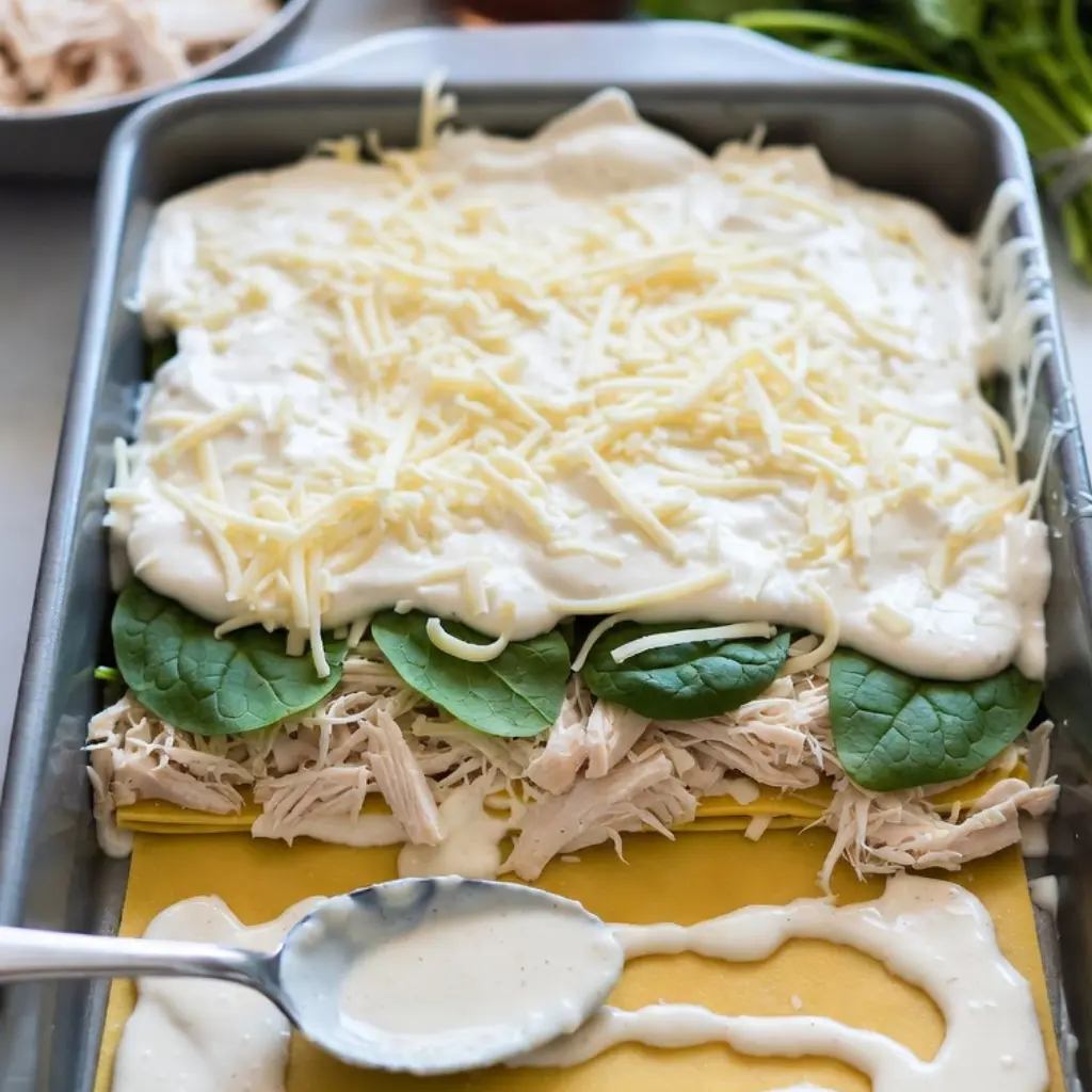Creamy White Chicken Lasagna step by step preparation
