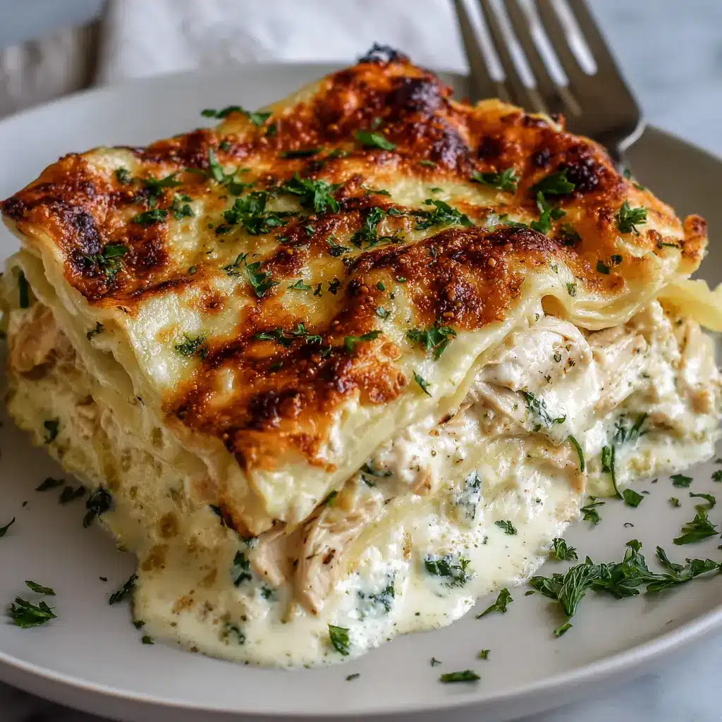 Freshly baked creamy chicken lasagna with a golden, bubbly top