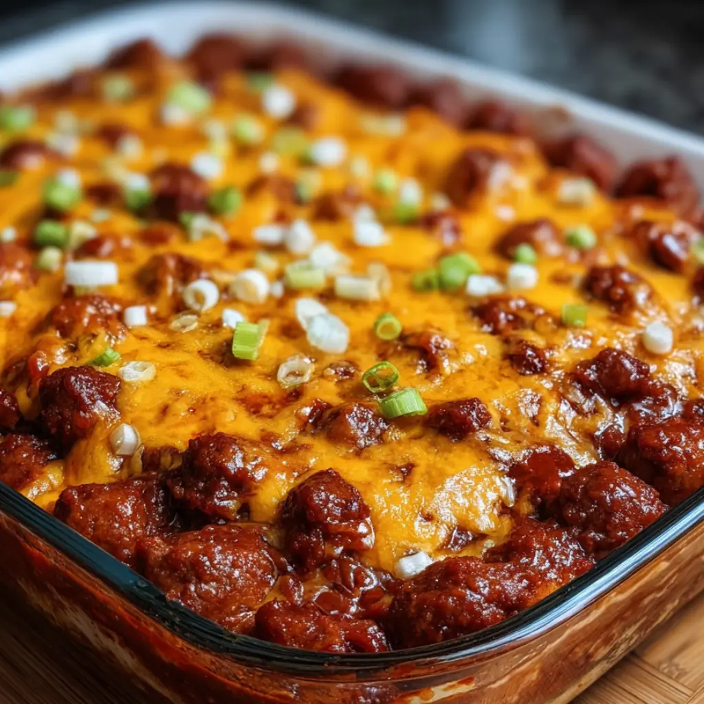 Fully Loaded Classic Chili Cheese Dog Casserole freshly baked
