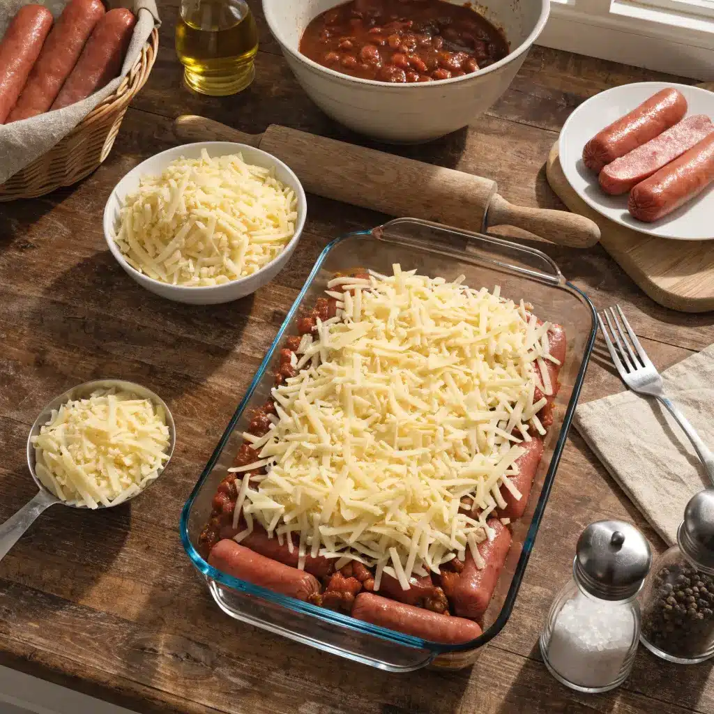 Fully Loaded Classic Chili Cheese Dog Casserole step by step preparation