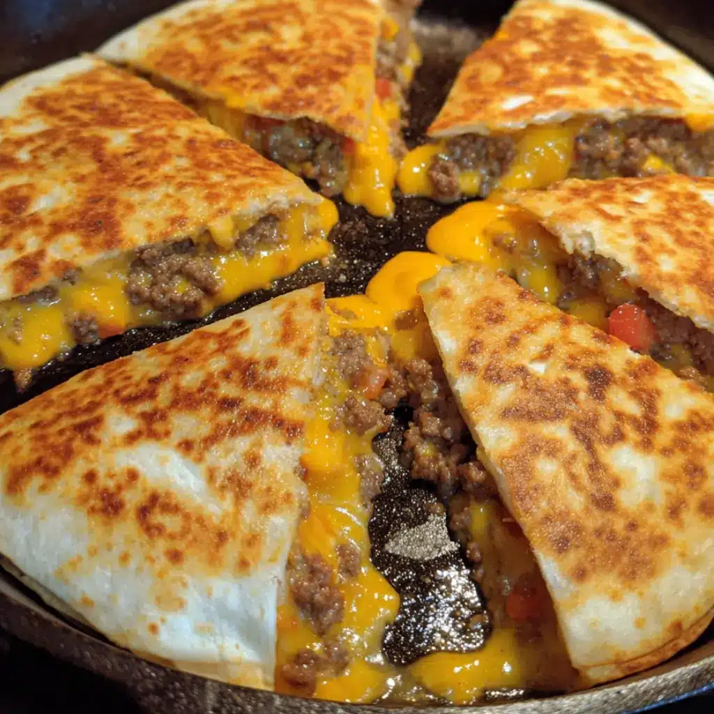 Mouthwatering Cheeseburger Quesadillas with Burger Sauce 9 Golden toasted tortilla wedges filled with melted cheese and savory beef served with a creamy dipping sauce