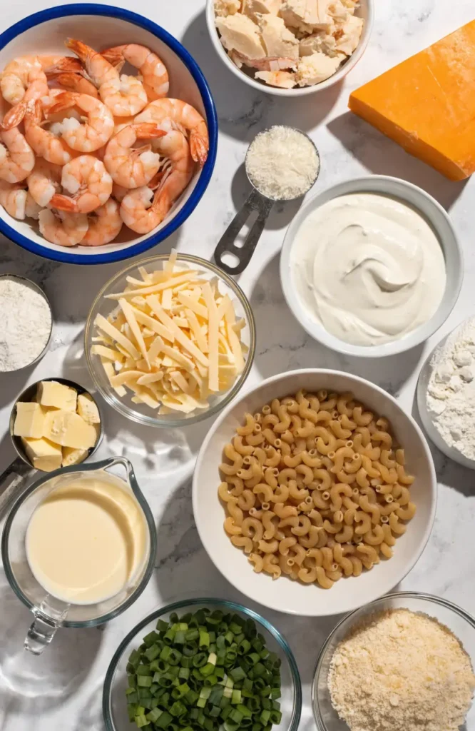 Homemade Seafood Mac and Cheese – Creamy & Rich 8 Homemade Seafood Mac and Cheese ingredients with shrimp, pasta, and creamy cheese