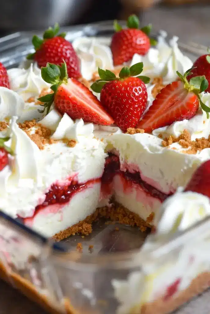 Layered strawberry dessert topped with whipped cream and fresh berries