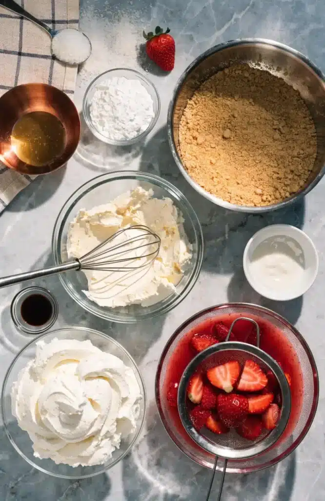 No Bake Strawberry Cheesecake Lasagna ingredients with creamy layers and fresh strawberries