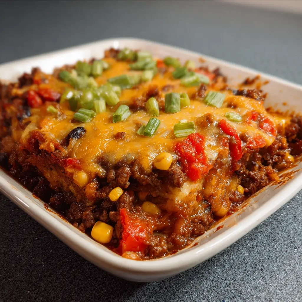 Southwestern Beef and Vegetable Bake fully baked with melted cheese