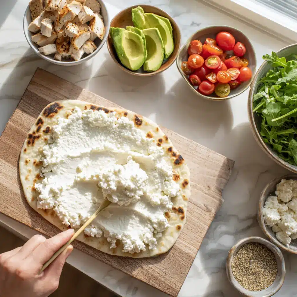 Overhead view of creamy spread being smoothed onto toasted flatbread with fresh toppings arranged nearby