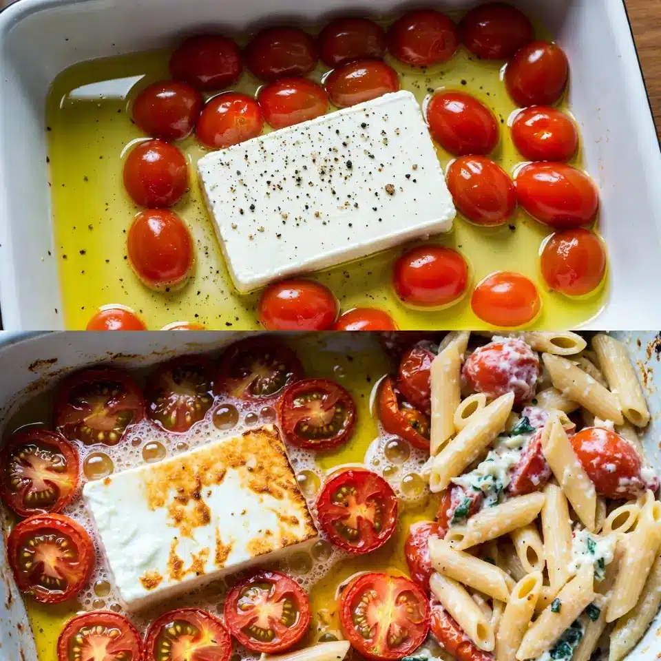 Irresistible Baked Feta Pasta 8 Overhead view of ingredients arranged in a baking dish before and after roasting, then combined with cooked pasta