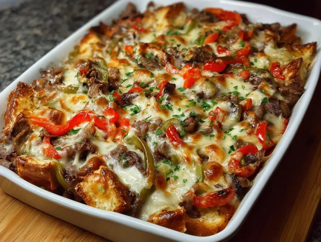 Philly Cheesesteak Casserole — Easy Weeknight Dinner 6 Philly cheesesteak casserole in baking dish, melted provolone and mozzarella