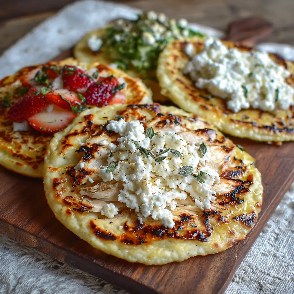 Sliced homemade flatbread wrap filled with creamy spread and colorful fresh ingredients on a ceramic plate