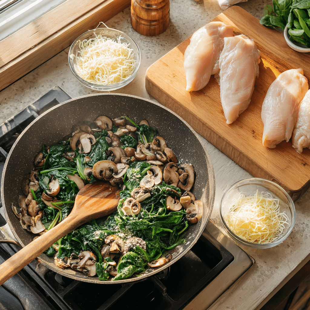 Step by step preparation of Chicken Spinach Mushroom Bake
