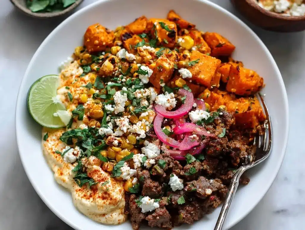 Street Corn Beef Sweet Potato Bowls