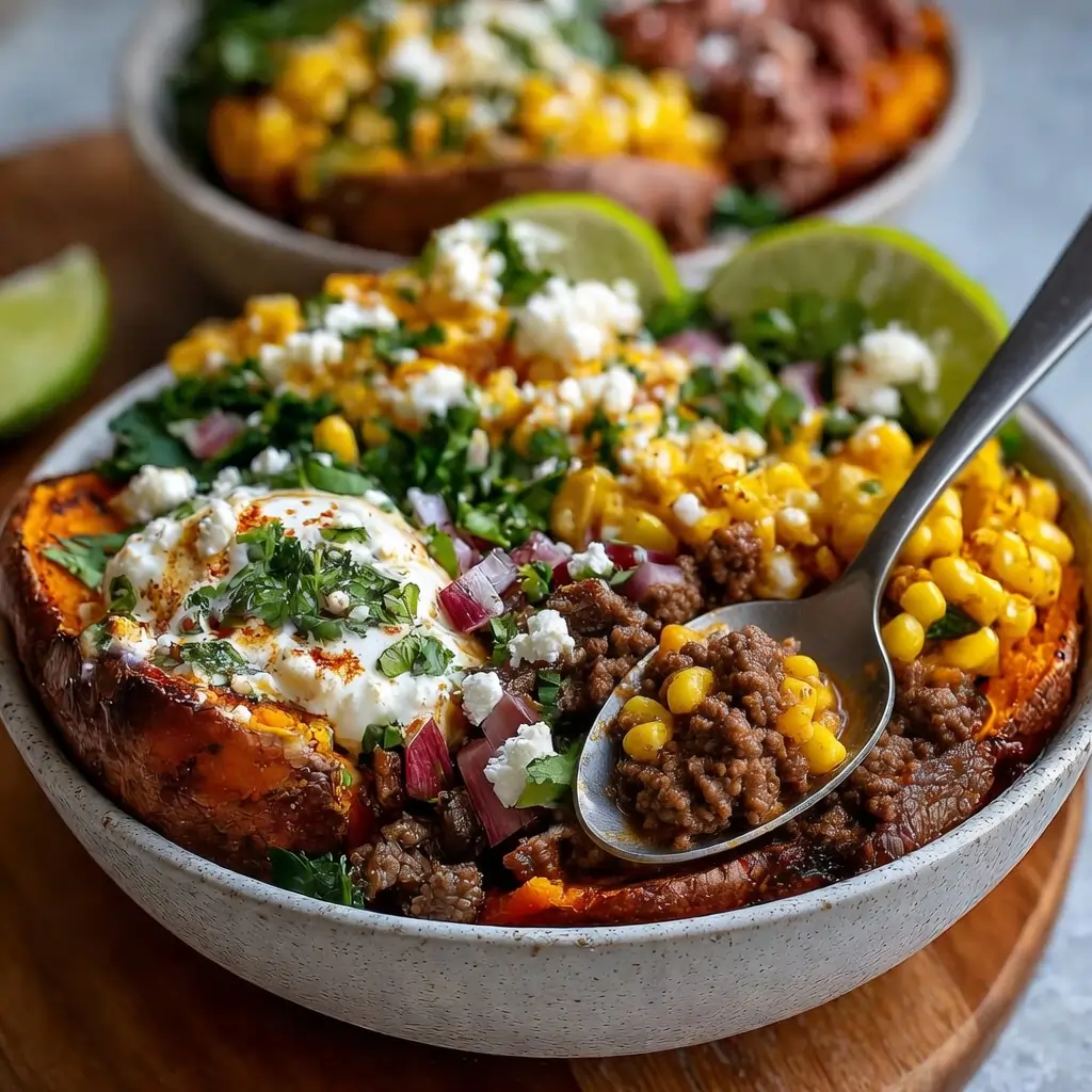 Street Corn Beef Sweet Potato Bowls plated