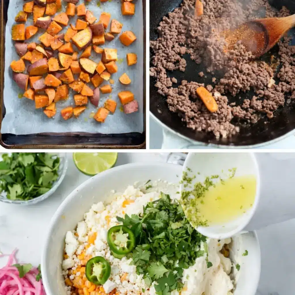 Street Corn Beef Sweet Potato Bowls step by step