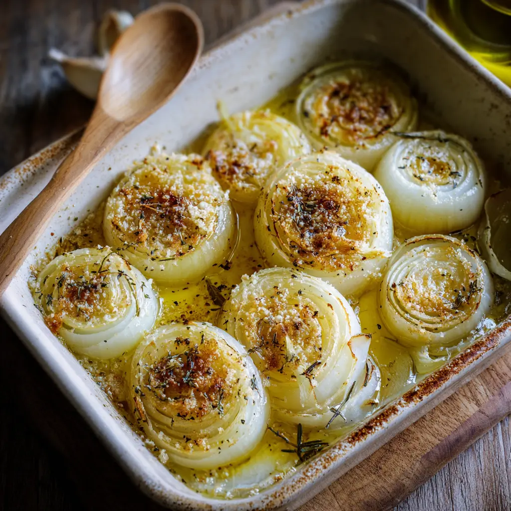 Roasted Parmesan Creamed Onions – Rich & Easy Comfort Side 8 Thick onion slices arranged in a baking dish with olive oil and seasoning before oven roasting.