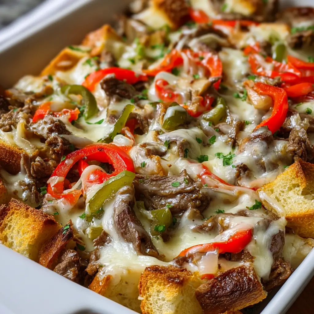 Philly Cheesesteak Casserole — Easy Weeknight Dinner 9 baked casserole with golden melted cheese and layered beef and vegetables