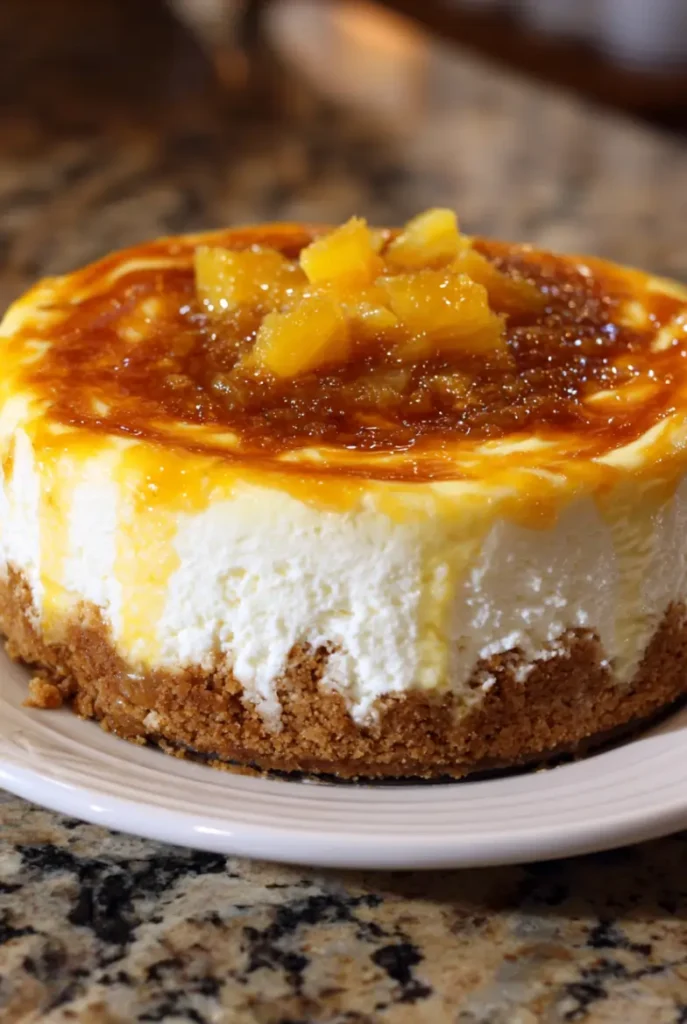 baked cheesecake with golden edges and citrus swirl on top