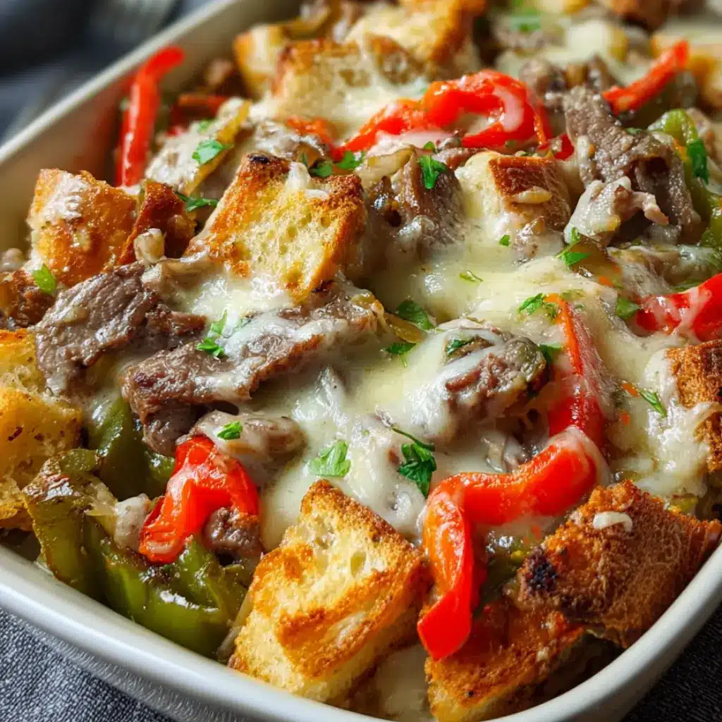 Philly Cheesesteak Casserole — Easy Weeknight Dinner 7 cheesy baked casserole with tender beef and soft bread layers