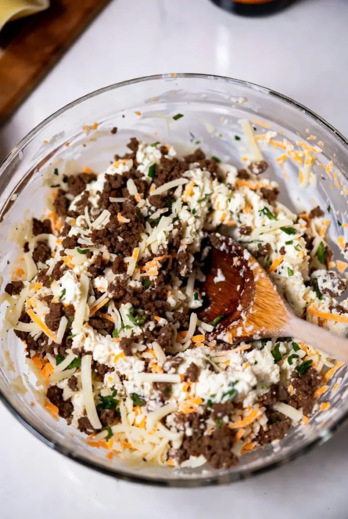 20-Min Prep: Cheesy Taco Stuffed Pasta Shells Recipe 10 creamy cheese mixture with seasoned beef in a mixing bowl