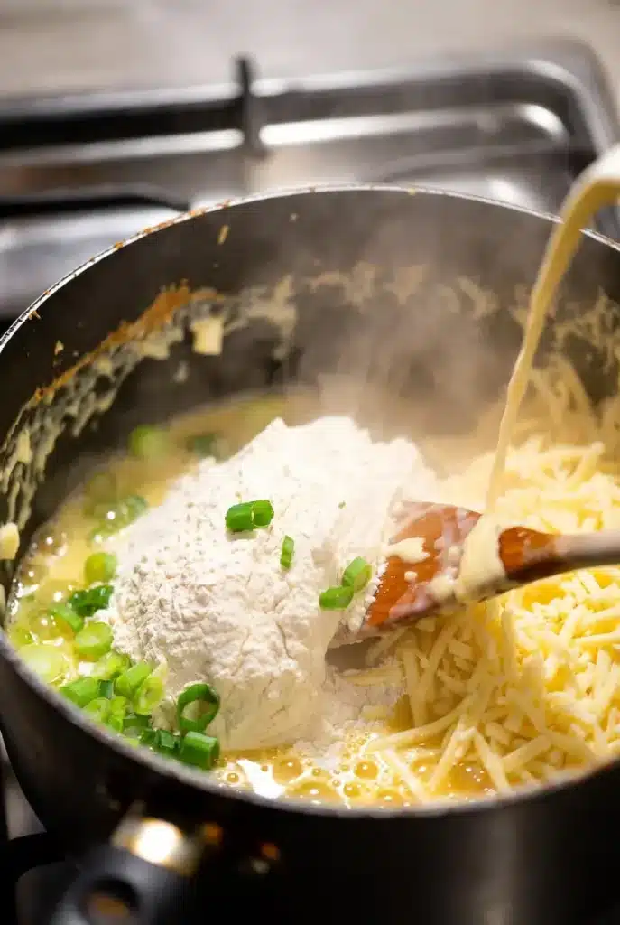 Homemade Seafood Mac and Cheese – Creamy & Rich 9 creamy cheese sauce being whisked smooth in a saucepan