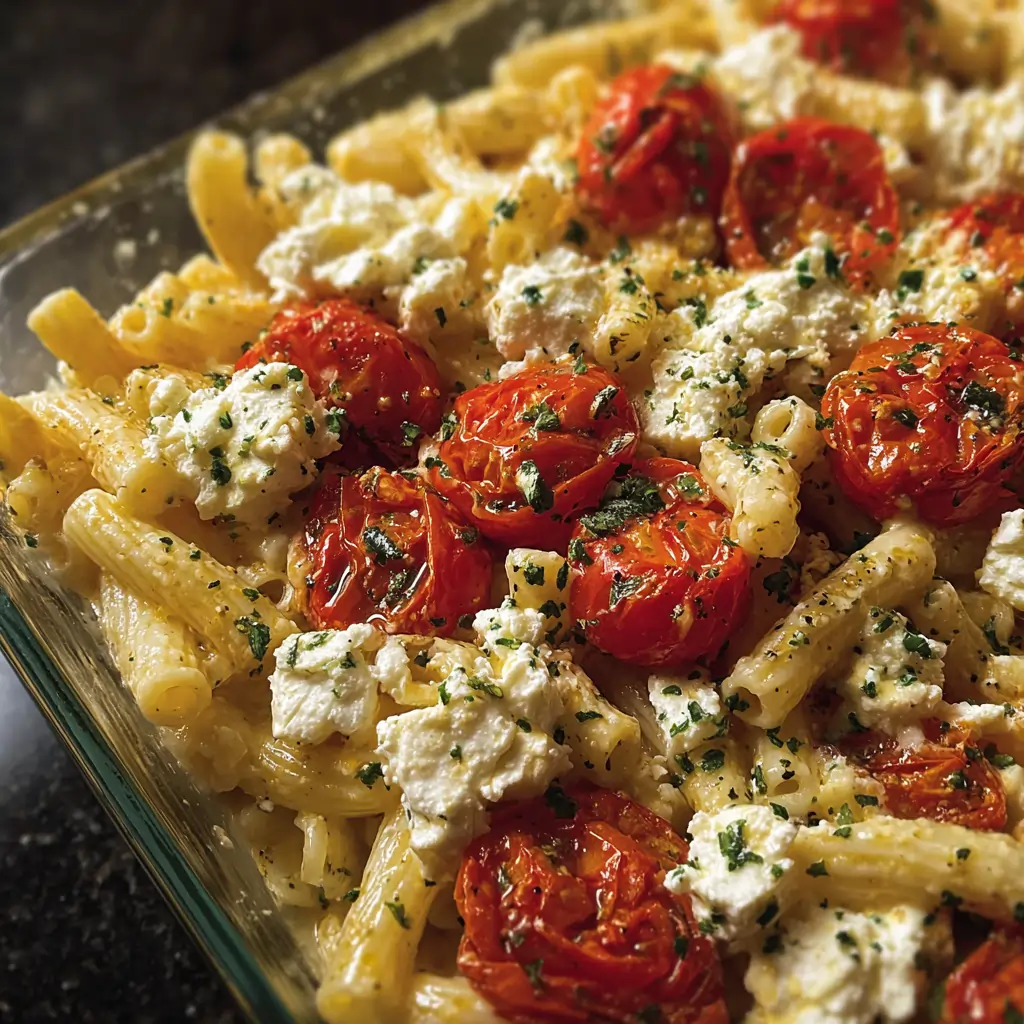 Irresistible Baked Feta Pasta 9 roasted pasta coated in a silky cheese sauce with blistered tomatoes and fresh herb garnish