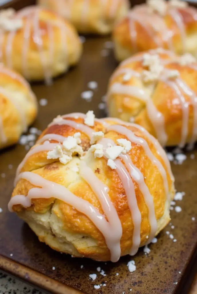 sliced sweet bread with creamy filling and glaze