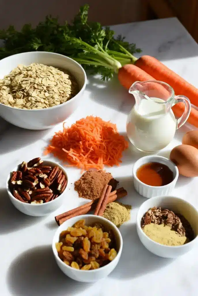 Carrot cake baked oatmeal ingredients with soft oats and grated carrots