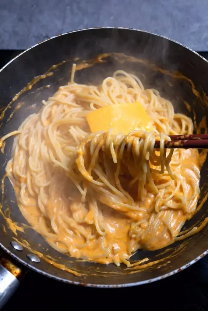 Combining noodles Carbonara Buldak Ramen recipe