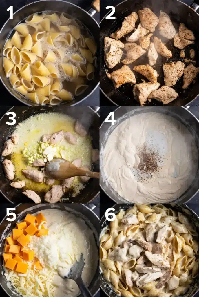 Complete step-by-step guide for Creamy Cajun Garlic Butter Chicken with Velveeta Alfredo Shells