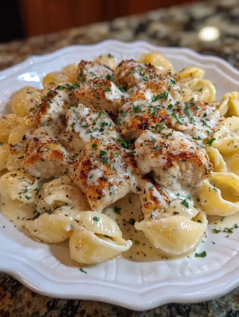 Creamy chicken Alfredo shells finished dish