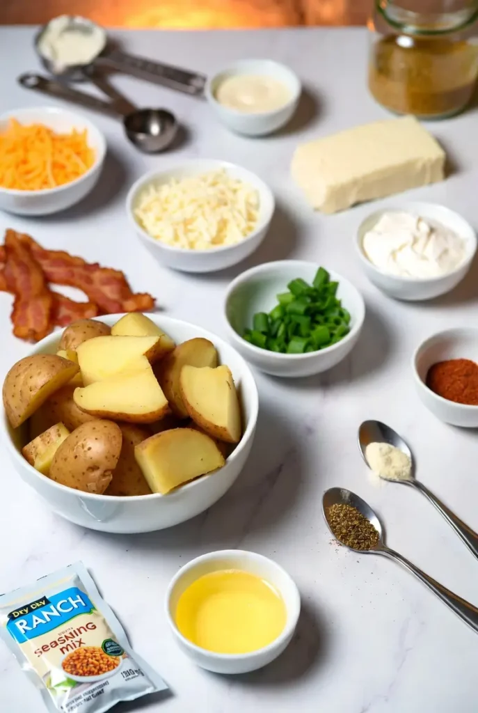 Easy Crockpot Swamp Potatoes (Creamy, Cheesy & Loaded) 9 Crockpot Swamp Potatoes ingredients with melted cheese, tender potatoes, and bacon