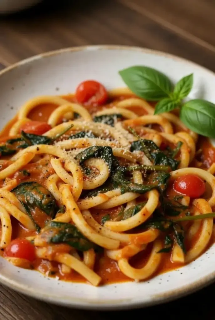 finished bucatini tomato spinach pasta